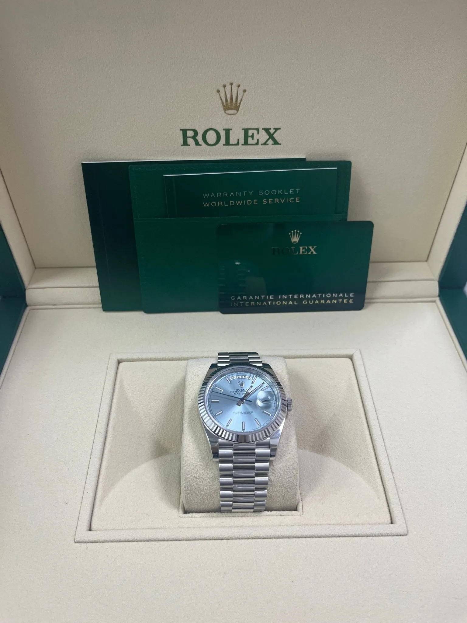 Rolex Day-Date 40 Platinum Day-Date 40 Watch - Fluted Bezel - Ice Blue Index Dial President Bracelet 228236