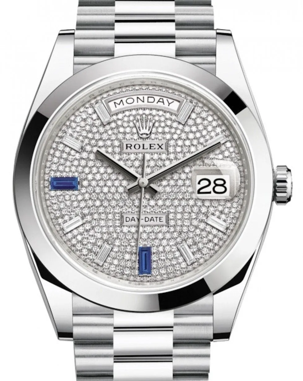 Rolex Day-Date 40mm Paved Diamond Sapphires Dial - Smooth Dome Bezel - Platinum President Automatic (Ref# 228206)