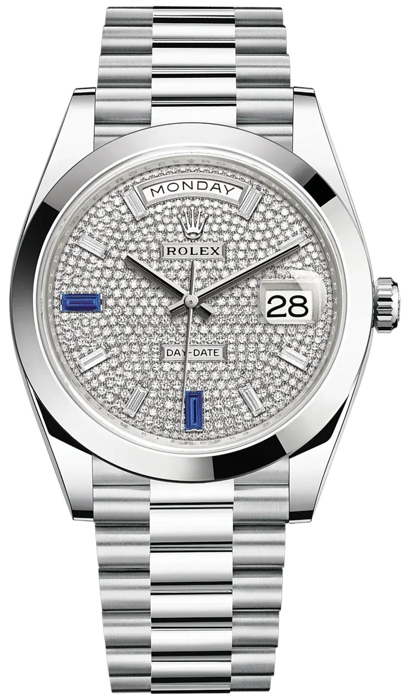 Rolex Day-Date 40mm Paved Diamond Sapphires Dial - Smooth Dome Bezel - Platinum President Automatic (Ref# 228206)