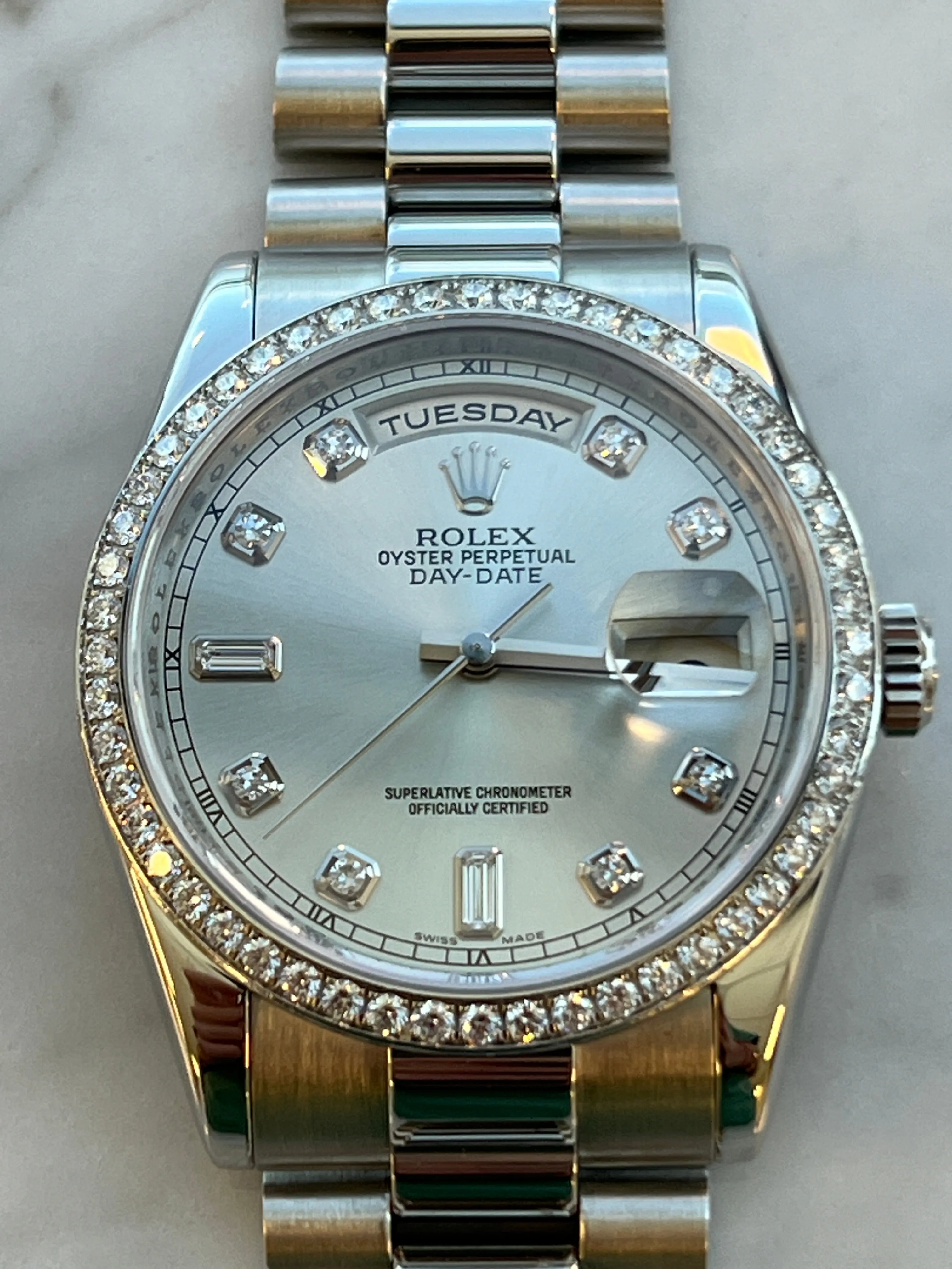 Rolex - Pre-owned Platinum Day-Date Presidential Silver Diamond Dial 118346