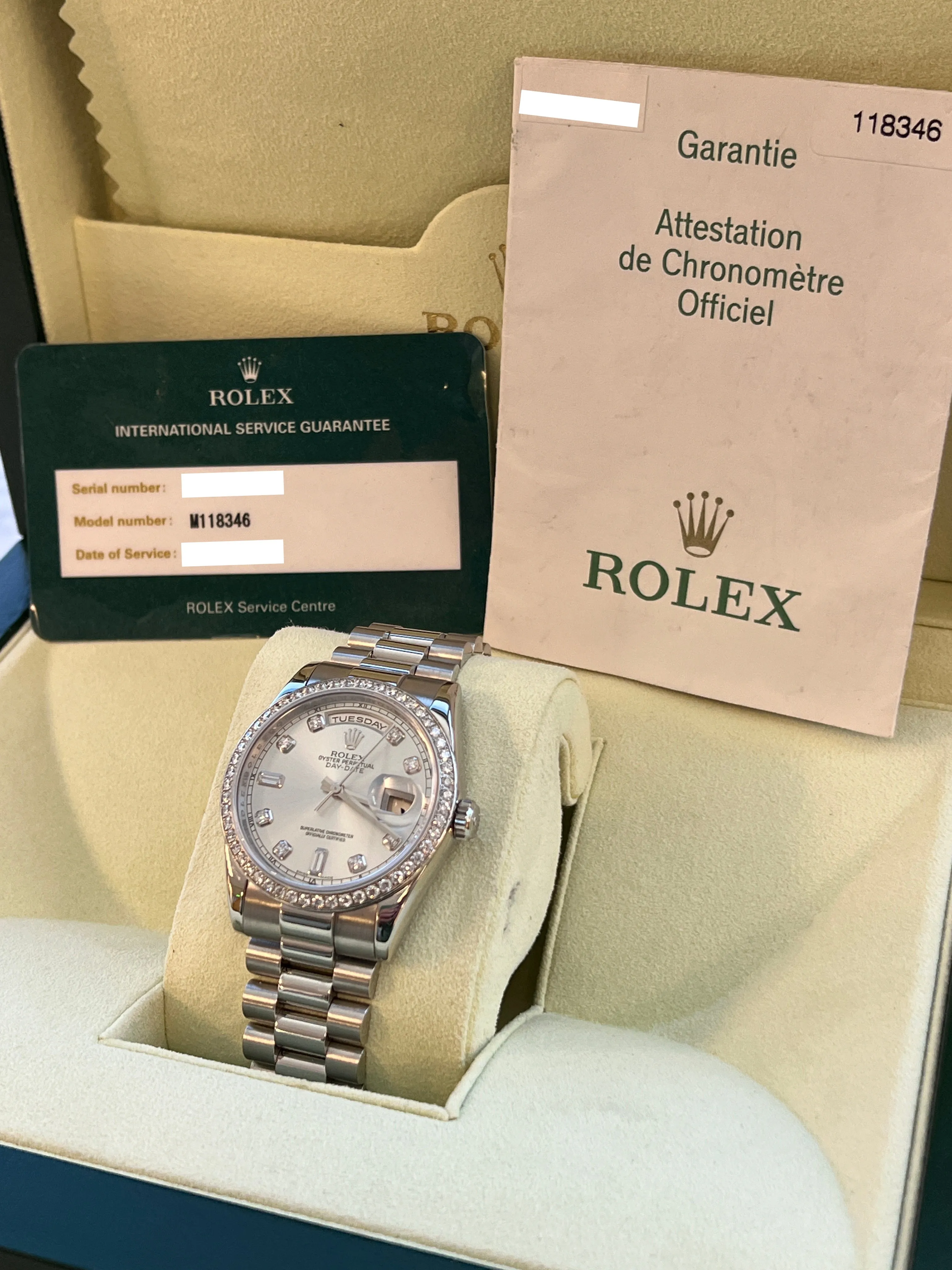 Rolex - Pre-owned Platinum Day-Date Presidential Silver Diamond Dial 118346