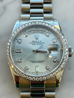 Rolex - Pre-owned Platinum Day-Date Presidential Silver Diamond Dial 118346