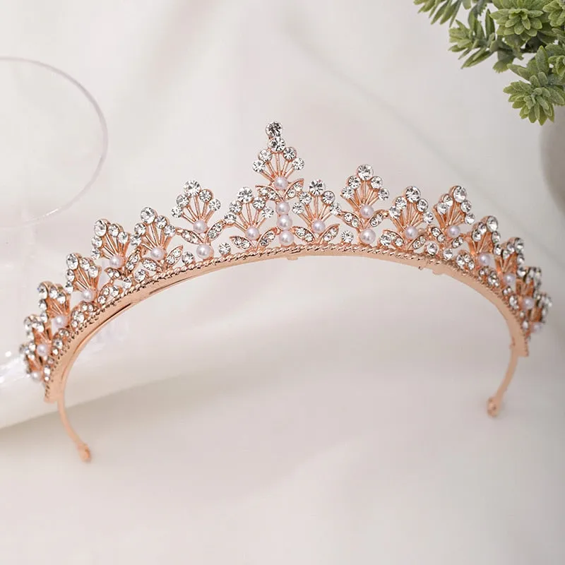 Rose Gold Shining Crystal Pearls Tiara Crown