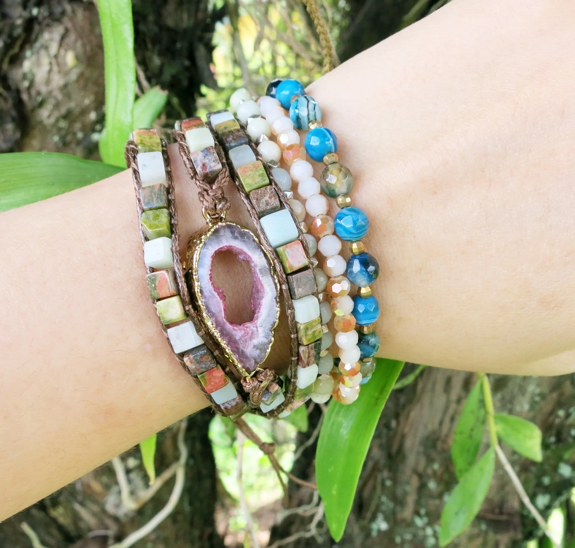 SALE - Natural Pink Druzy Crystal Stone Beaded Wrap Bracelet