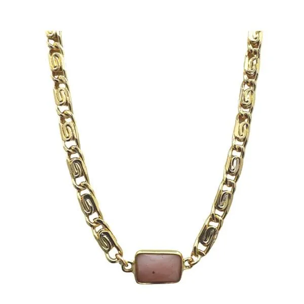 Semi Precious Bezel Set Rectangle on Scroll Chain: Pink Opal (NCG4807PO)