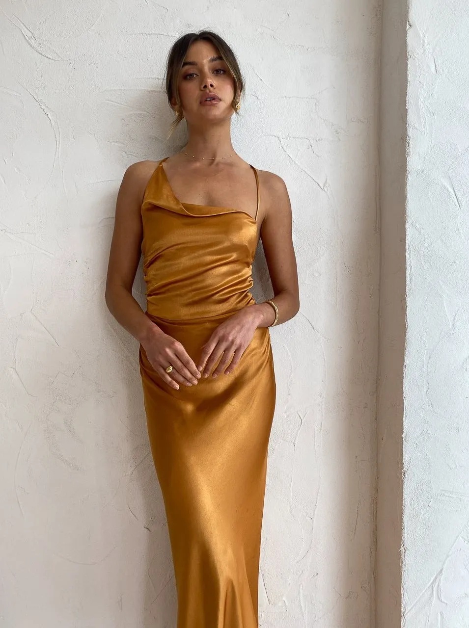 Shona Joy Alma Asymmetric Bias Cowl Midi Dress in Turmeric