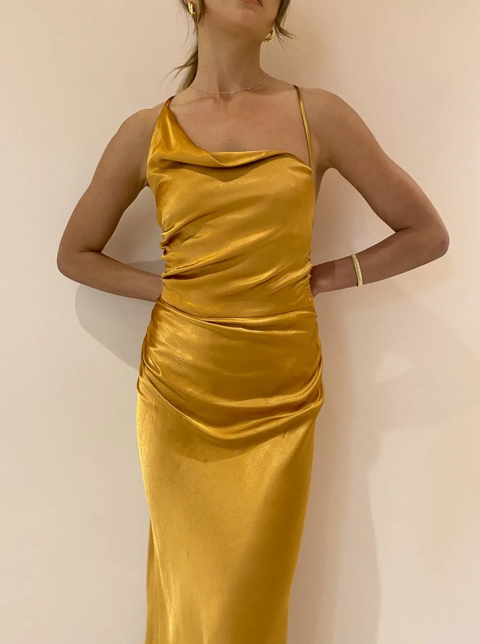 Shona Joy Alma Asymmetric Bias Cowl Midi Dress in Turmeric