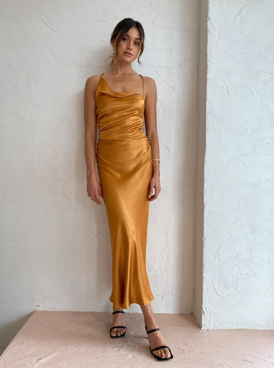 Shona Joy Alma Asymmetric Bias Cowl Midi Dress in Turmeric