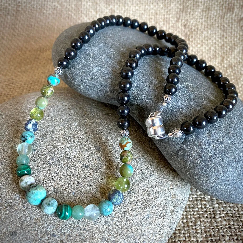 Short Shungite Necklace, Green Gemstones, Heart Chakra, Sterling Silver