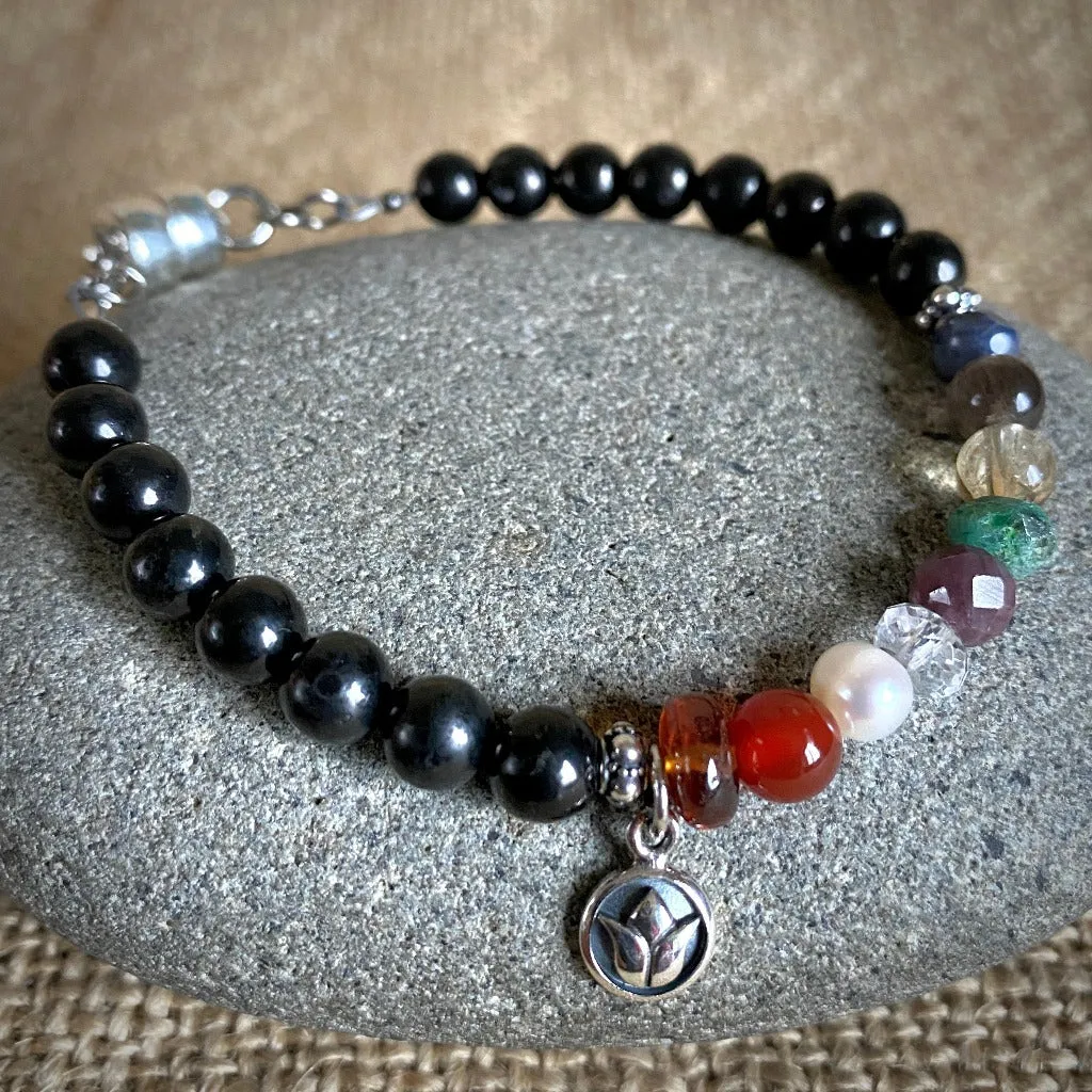 Shungite Navaratna Bracelet, 9 Astrological Gemstones for Health, Wealth & Happiness, Lotus Charm