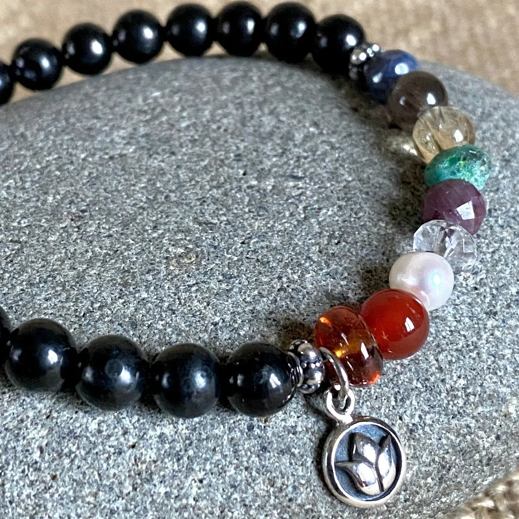 Shungite Navaratna Bracelet, 9 Astrological Gemstones for Health, Wealth & Happiness, Lotus Charm