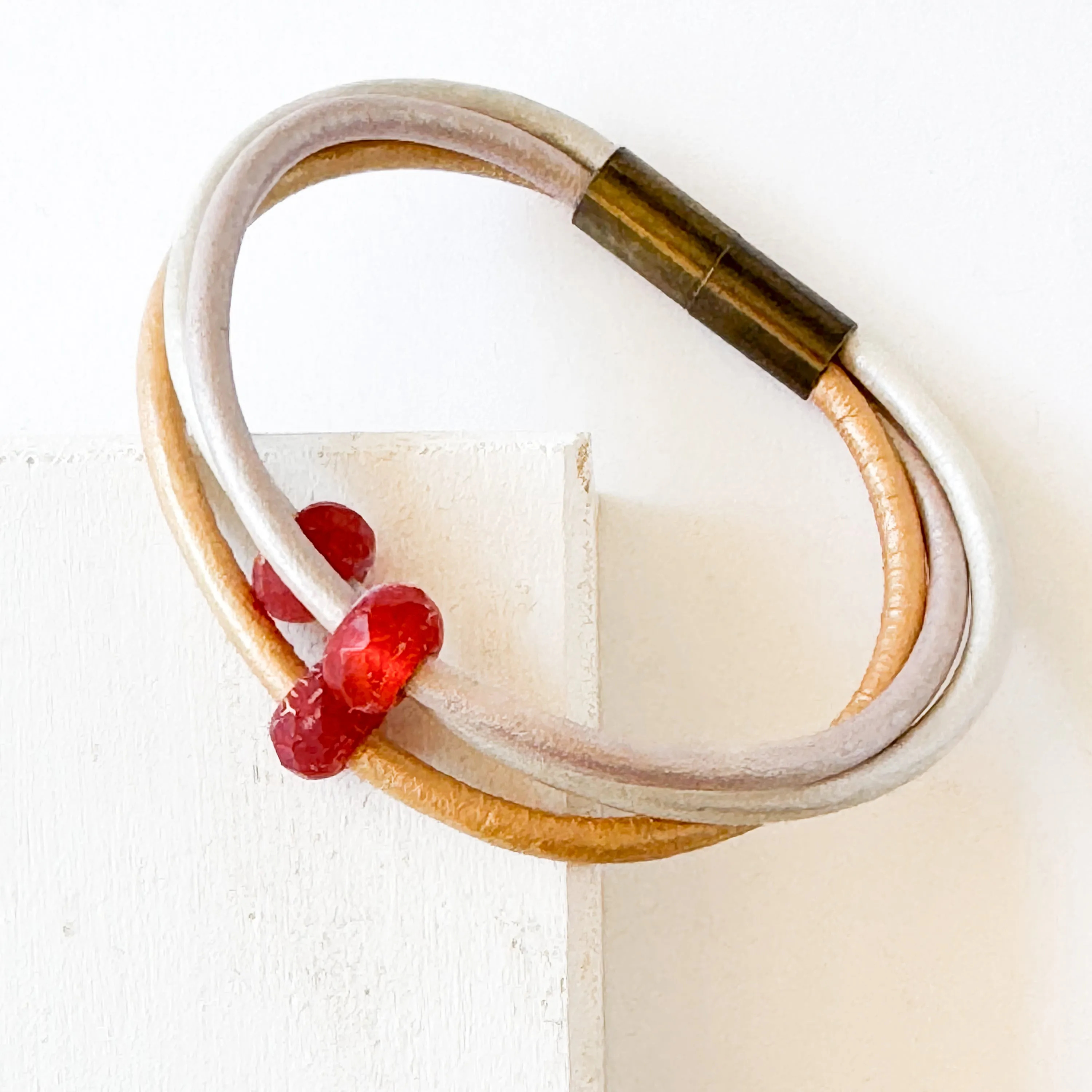 Silver and Gold Leather Cord  Bracelet With Red Beads