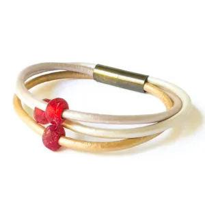 Silver and Gold Leather Cord  Bracelet With Red Beads