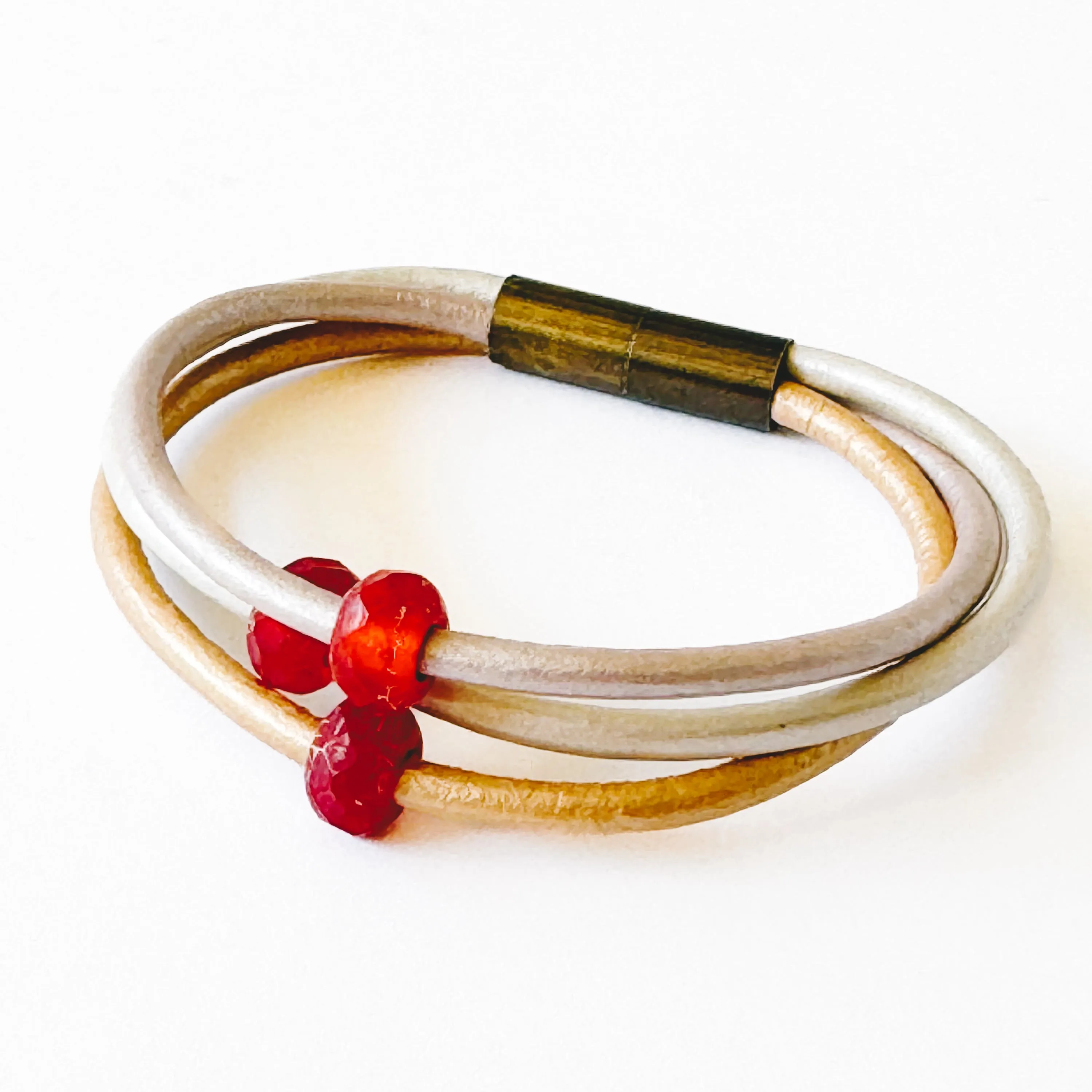 Silver and Gold Leather Cord  Bracelet With Red Beads