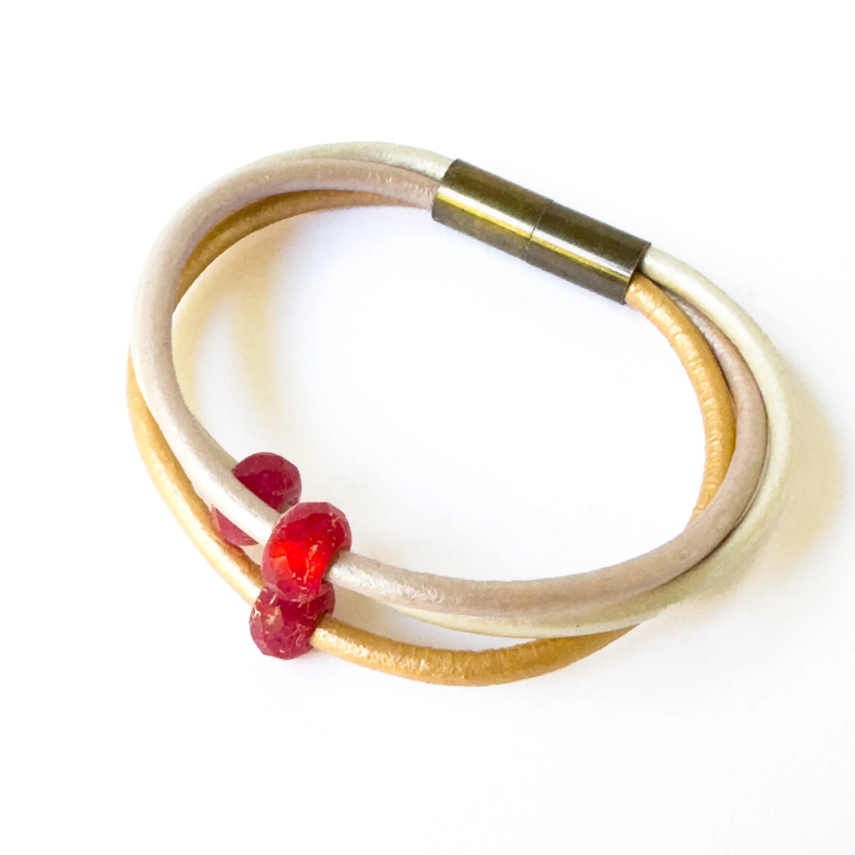 Silver and Gold Leather Cord  Bracelet With Red Beads