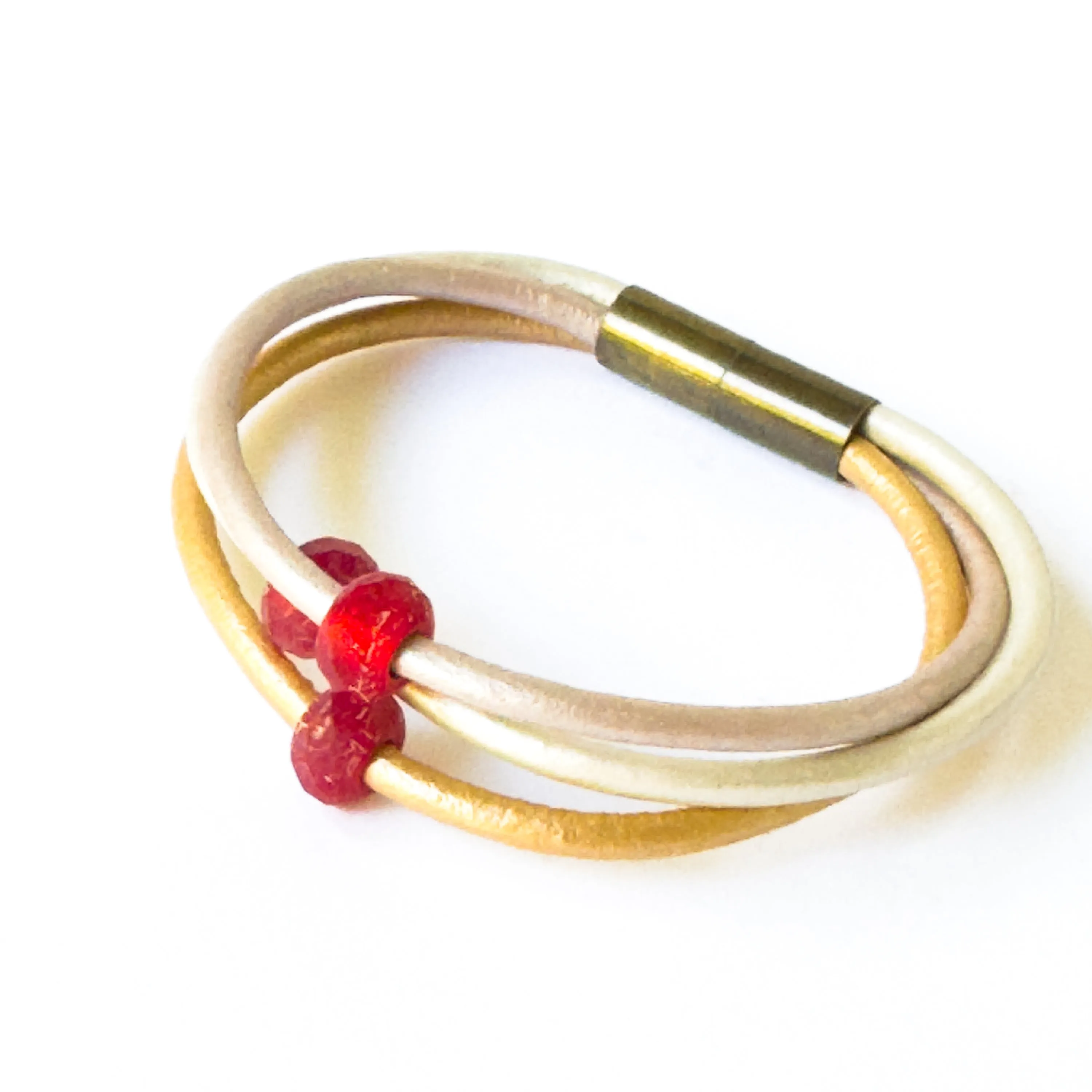 Silver and Gold Leather Cord  Bracelet With Red Beads