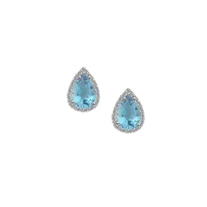 Silver Blue Topaz tear drop halo stud earrings