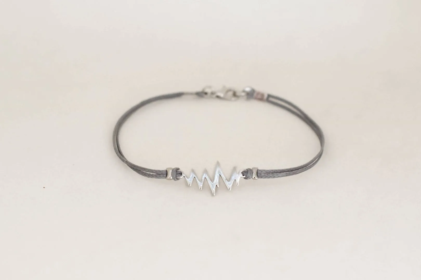 Silver heartbeat bracelet for men, gray cord, Valentine's day gift for him