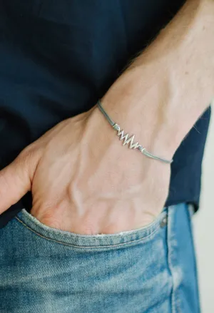 Silver heartbeat bracelet for men, gray cord, Valentine's day gift for him