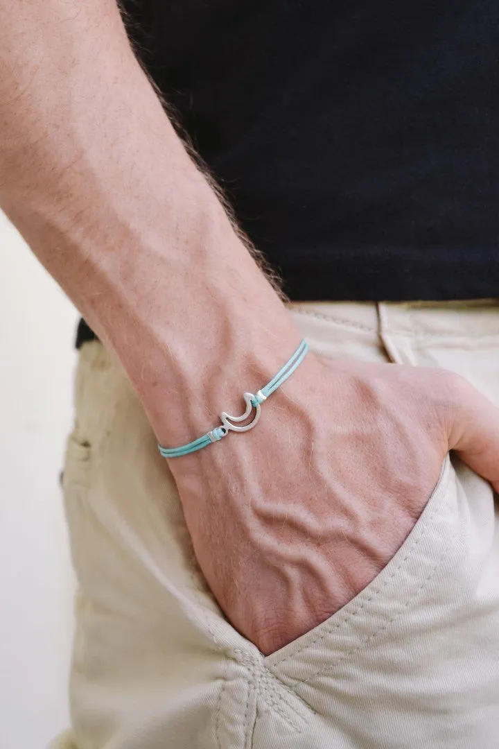 Silver tone crescent moon bracelet for men, turquoise cord, gift for him