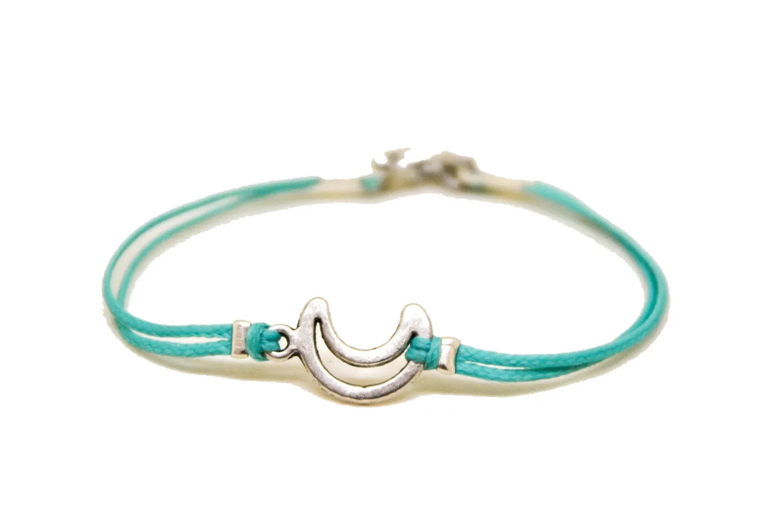 Silver tone crescent moon bracelet for men, turquoise cord, gift for him