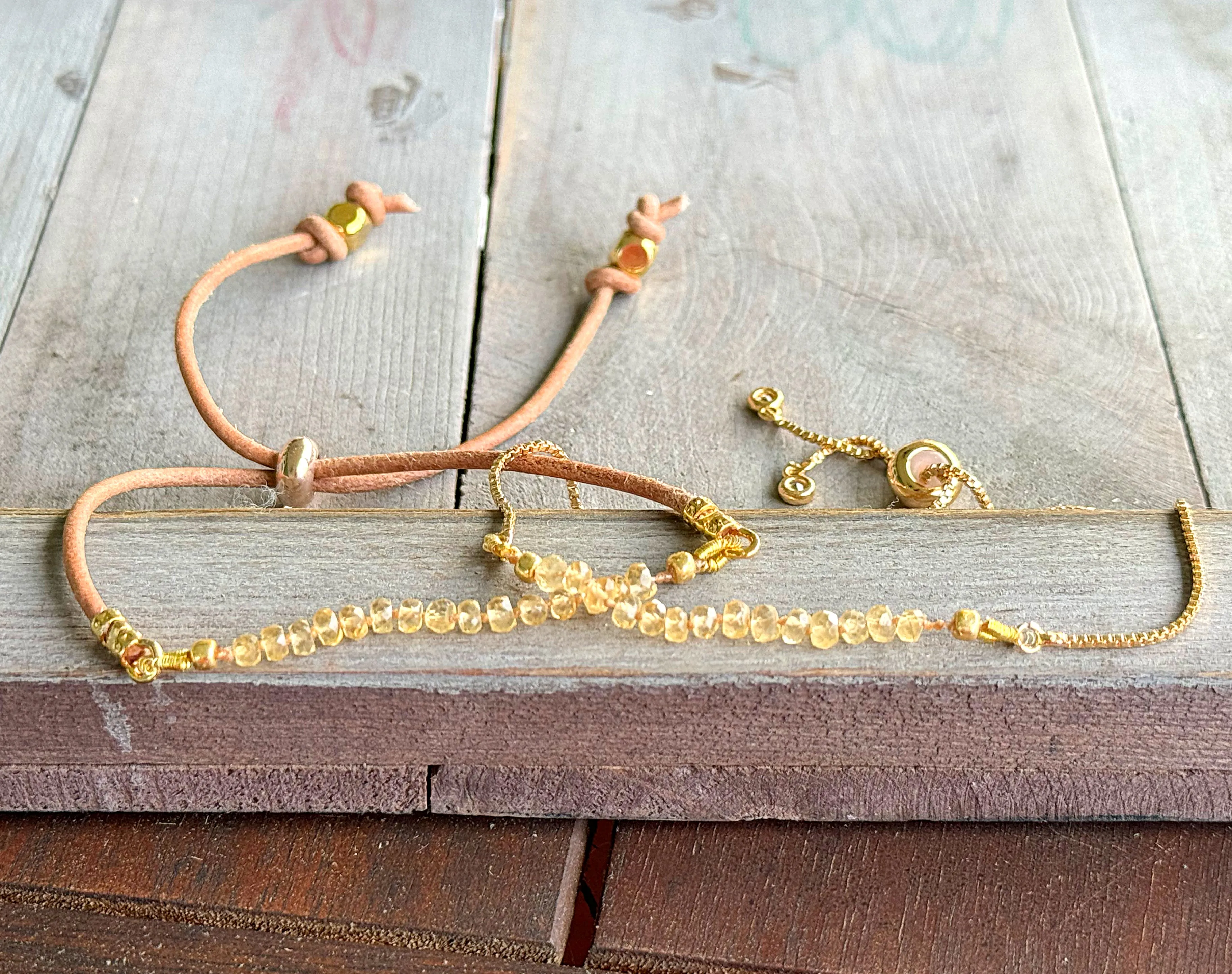 Simple Citrine gemstone adjustable leather stack bracelet