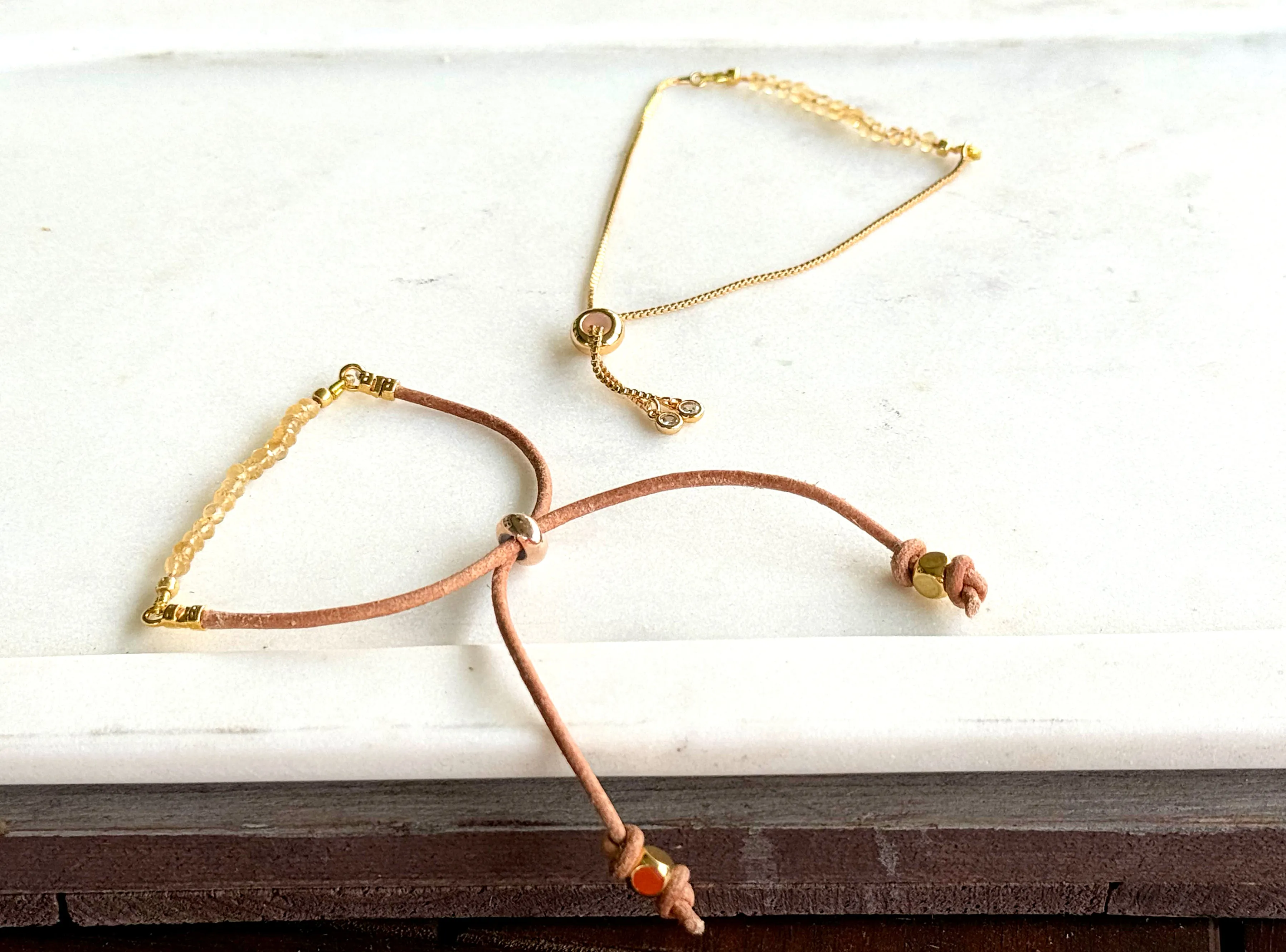 Simple Citrine gemstone adjustable leather stack bracelet