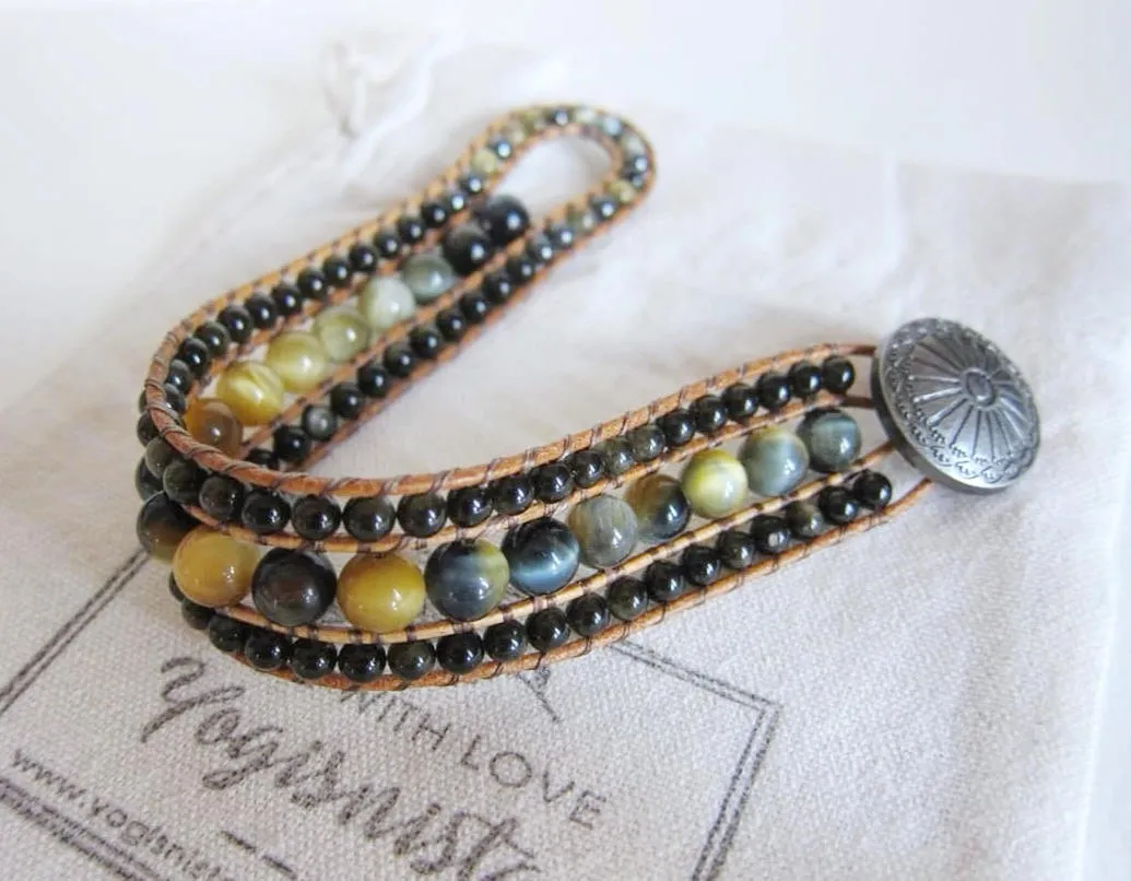 Southwestern Honey Mustard Tiger Eye, Silver Sheen Obsidian Beaded Bracelet