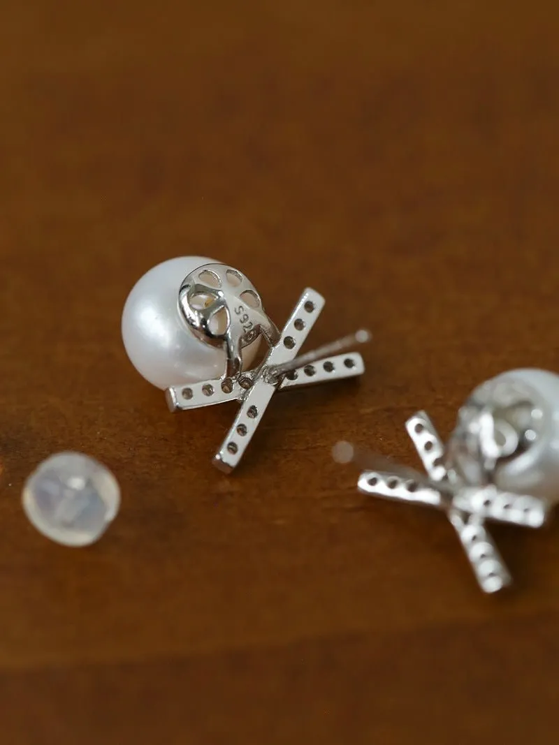 Sparkling X-Shaped Pearl Stud Earrings