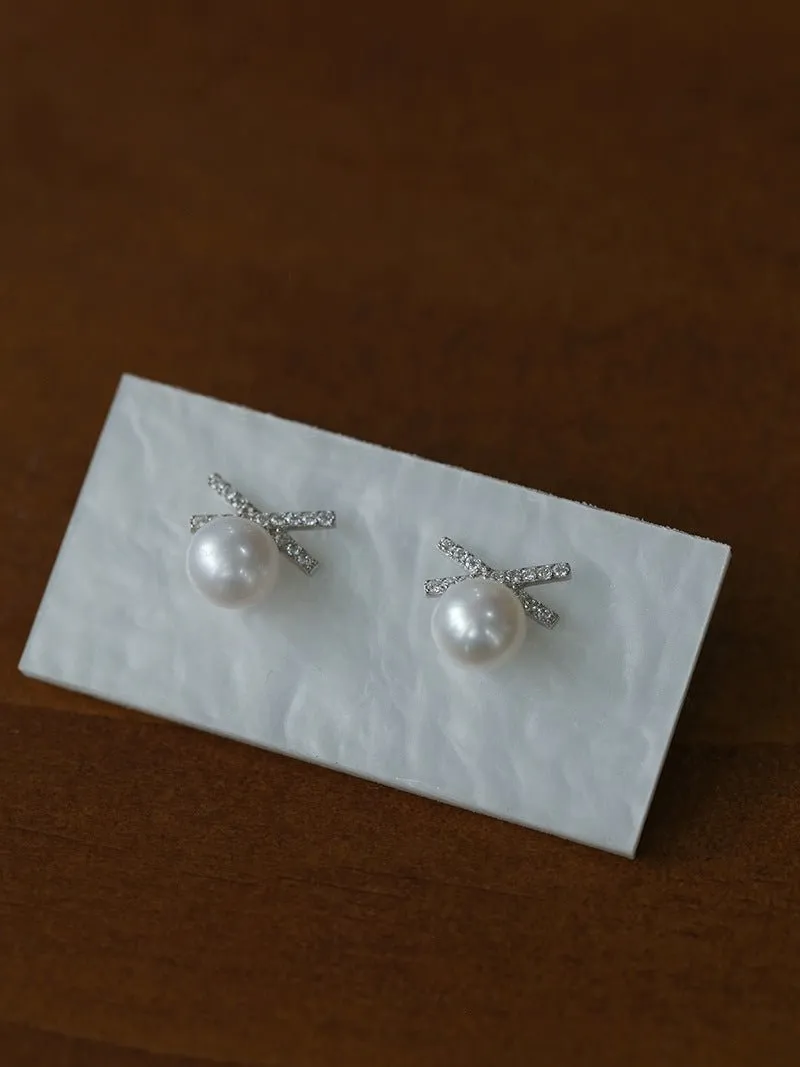 Sparkling X-Shaped Pearl Stud Earrings