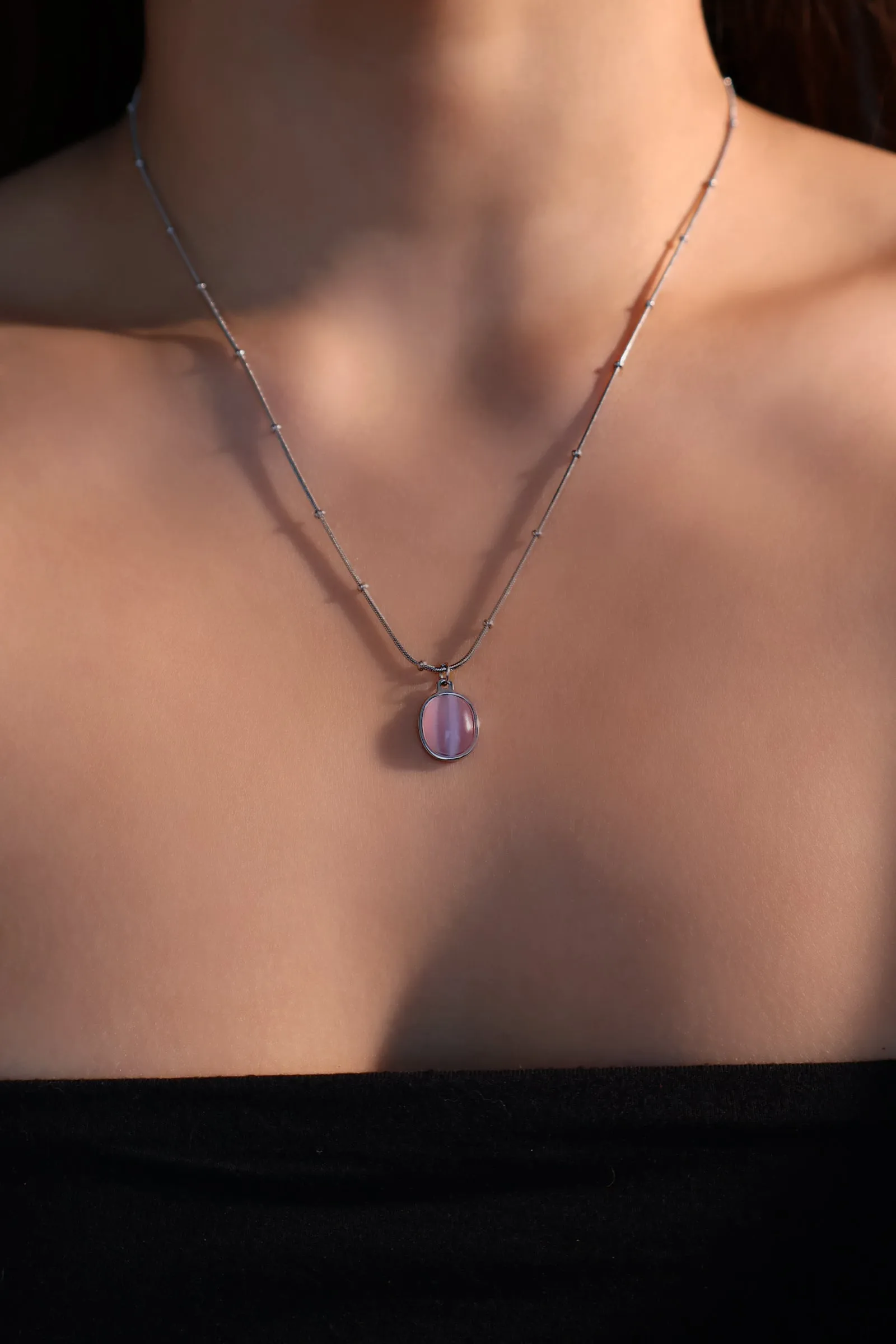 Stainless Steel Pink Opal Pendant Necklace