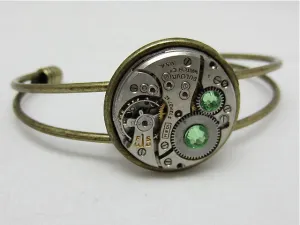 Steampunk Bracelet - In the Works - Steampunk watch parts cuff - bracelet - Peridot