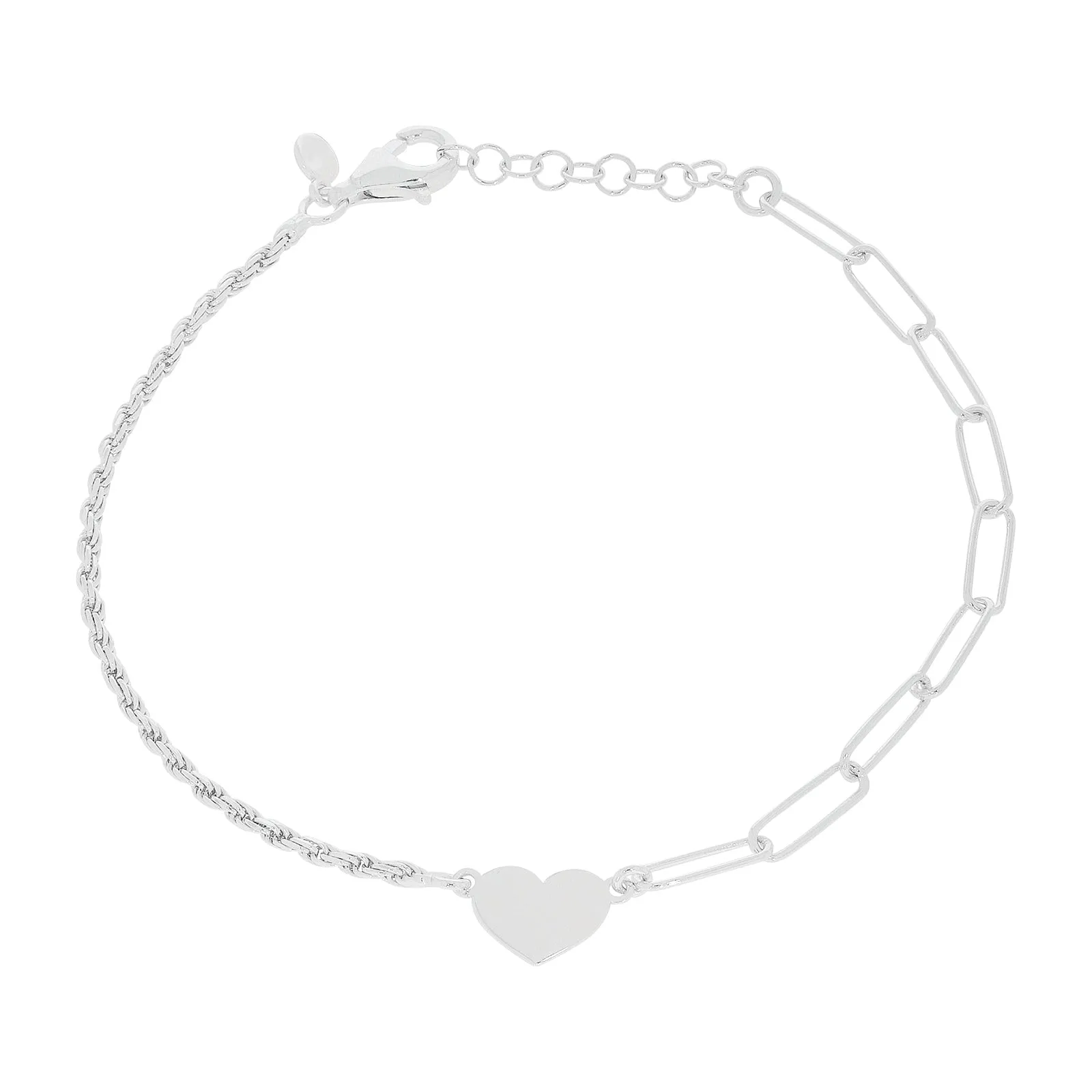 Sterling Silver 10-21cm Long Curb Rope Heart Bracelet