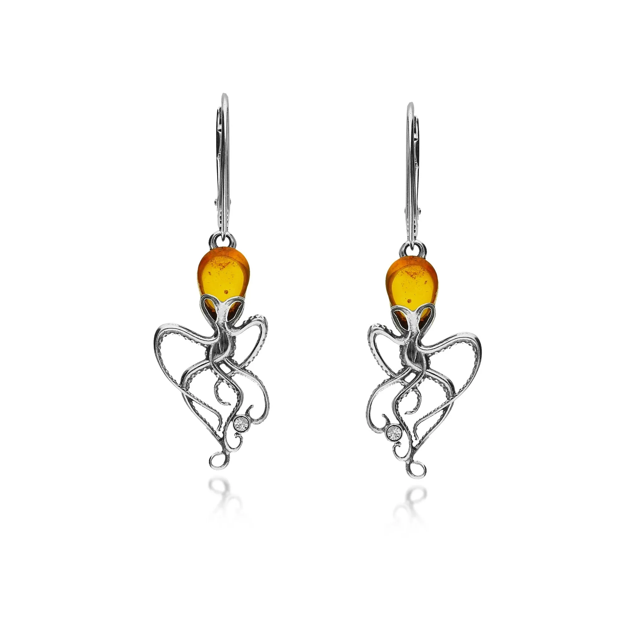 Sterling Silver Amber Octopus Drop Earrings