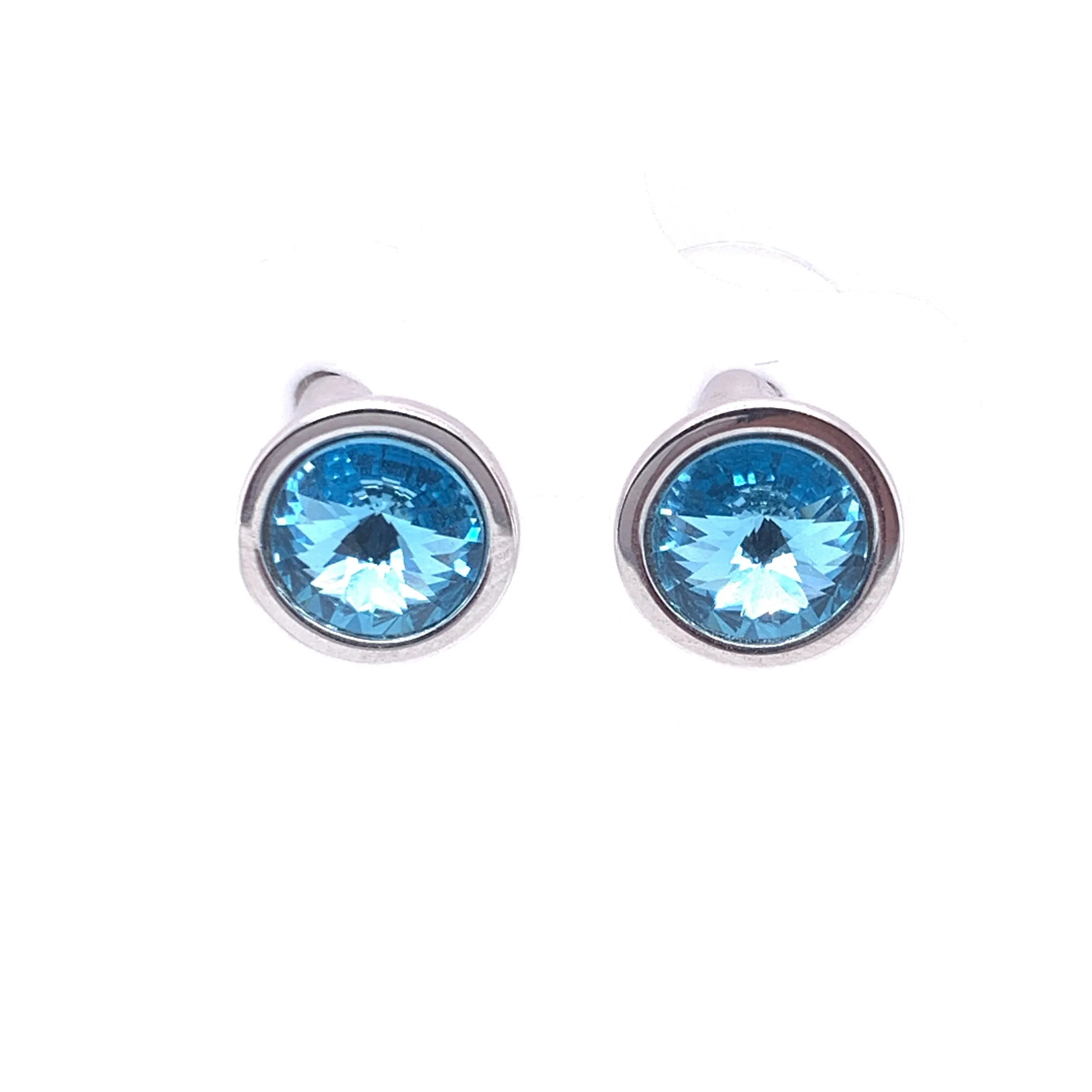 Sterling Silver Bezel Set Aqua Crystal Stud Earrings