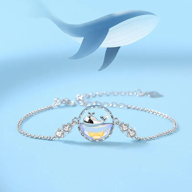 Sterling Silver Bracelet for Women with CZ and Aurora Borealis Crystal Cute Whale Pendant