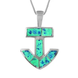 Sterling Silver Synthetic Blue Opal Anchor Pendant Necklace, 16 2" Extender