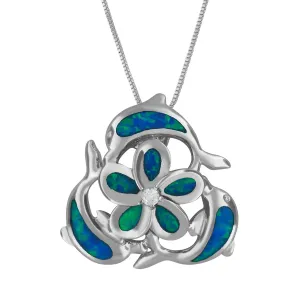 Sterling Silver Synthetic Blue Opal Dolphin Plumeria Pendant Necklace, 16 2" Extender