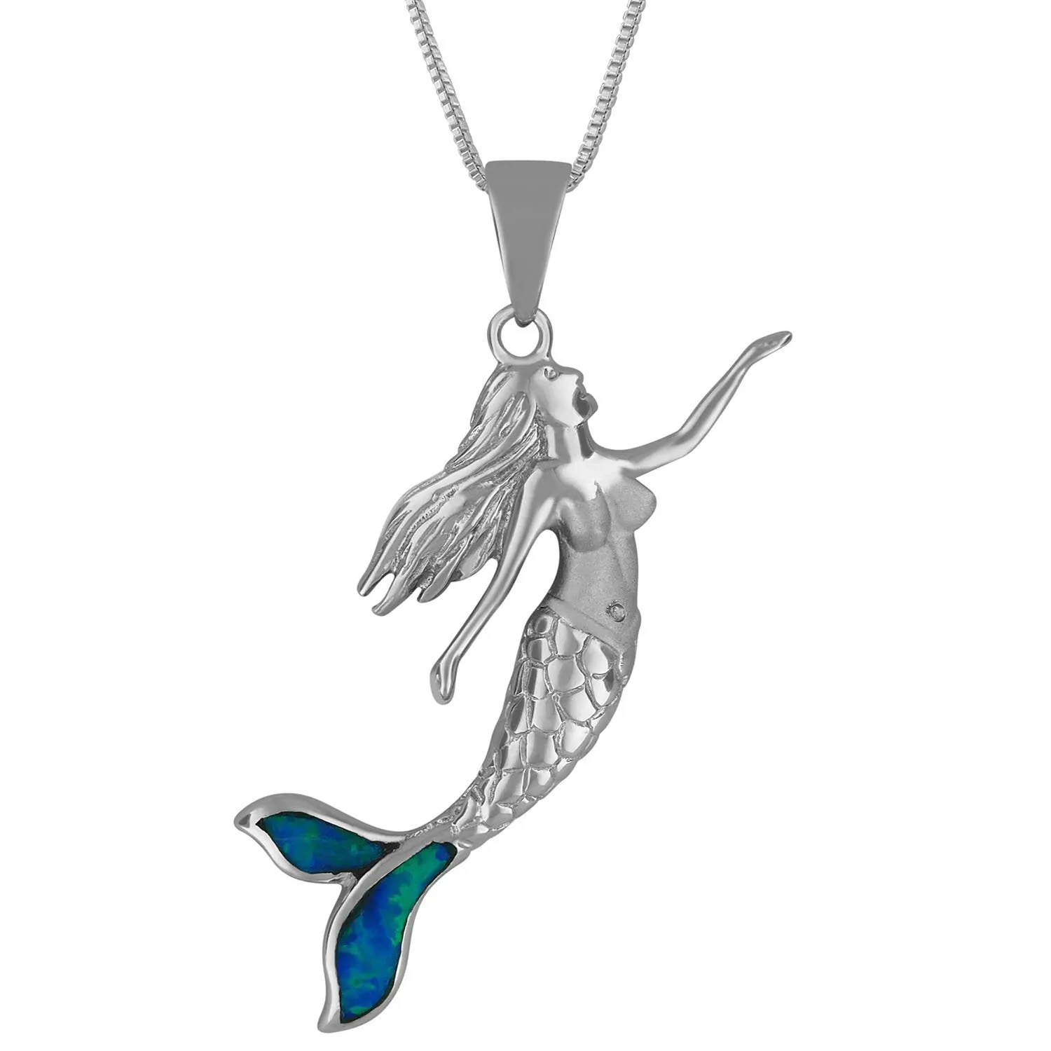 Sterling Silver Synthetic Blue Opal Mermaid Pendant Necklace, 16 2" Extender