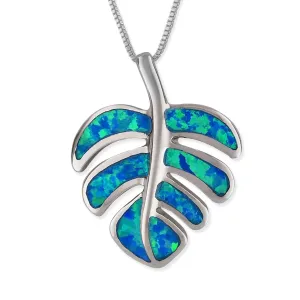 Sterling Silver Synthetic Blue Opal Monstera Pendant Necklace, 16 2" Extender