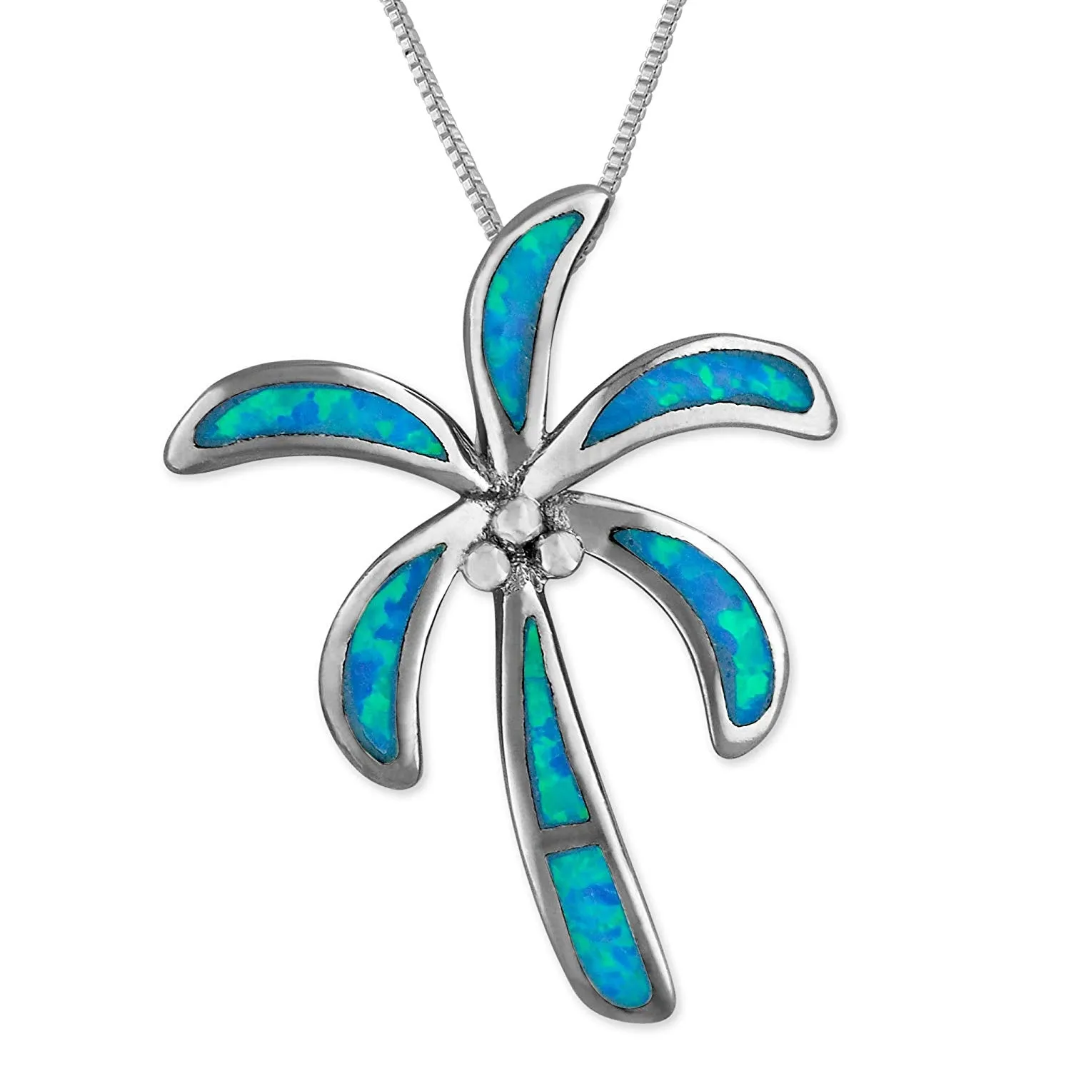 Sterling Silver Synthetic Blue Opal Palm Tree Pendant Necklace, 16 2" Extender