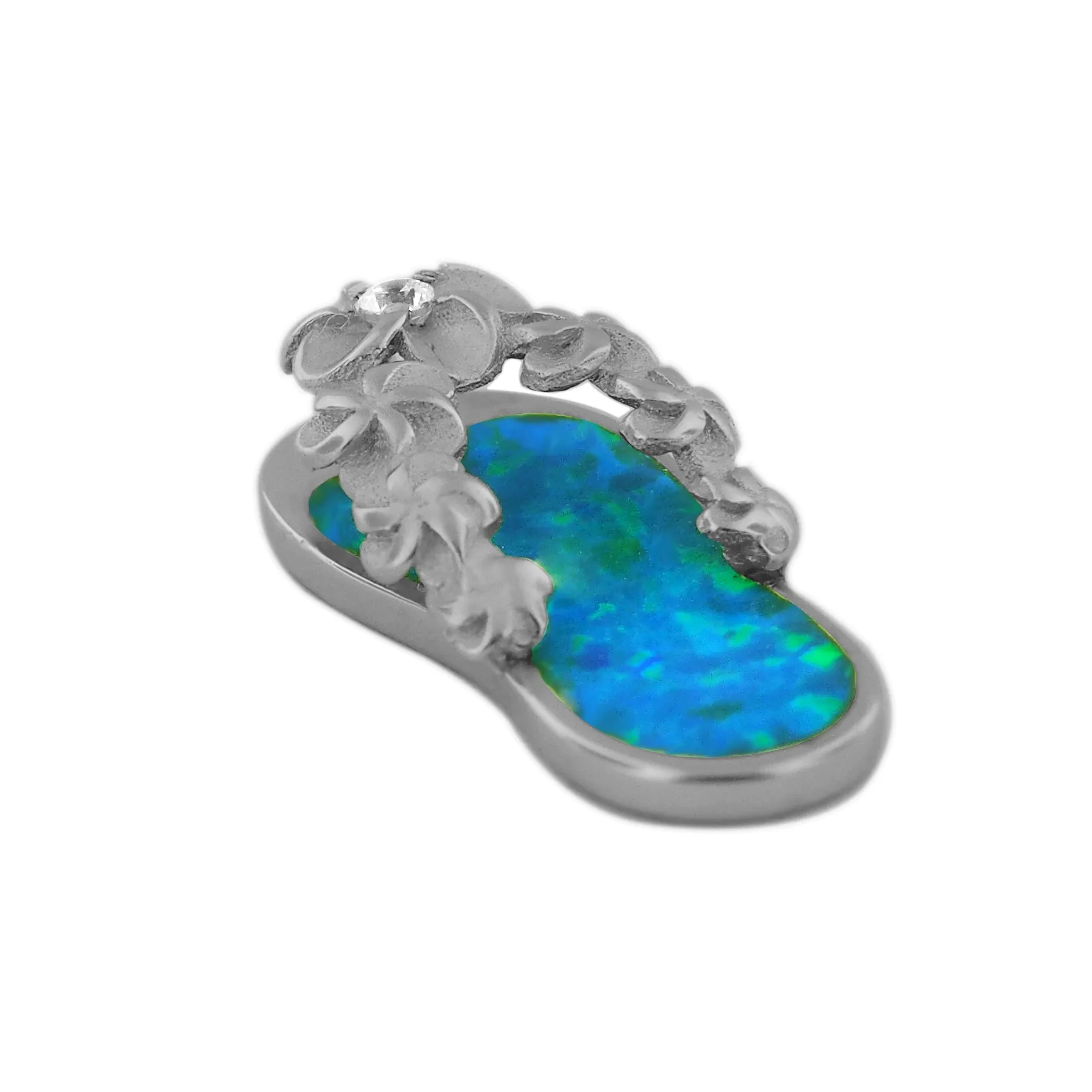 Sterling Silver Synthetic Blue Opal Plumeria Flip Flop Pendant Necklace, 16 2" Extender