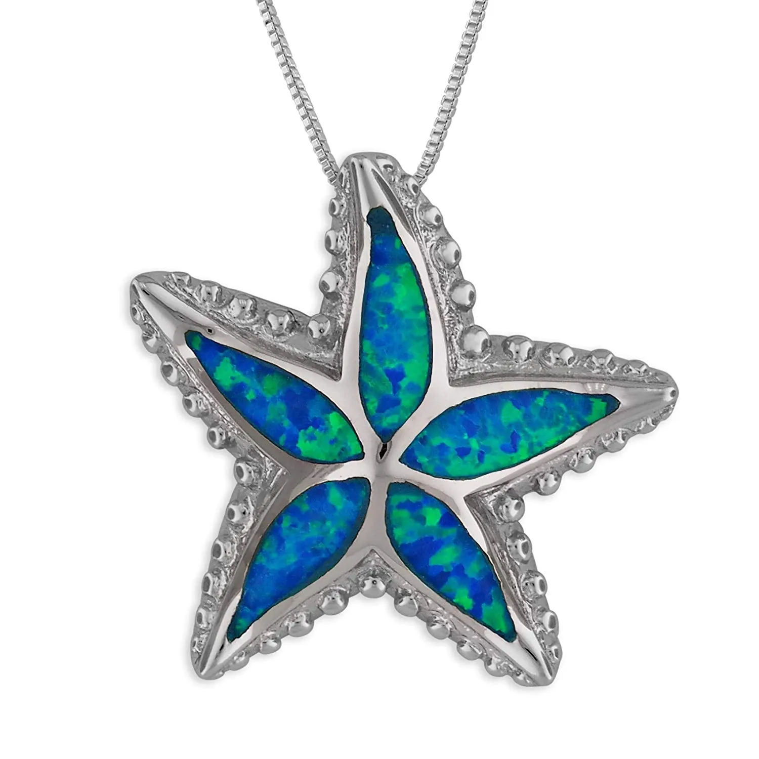 Sterling Silver Synthetic Blue Opal Starfish Pendant Necklace, 18 2" Extender