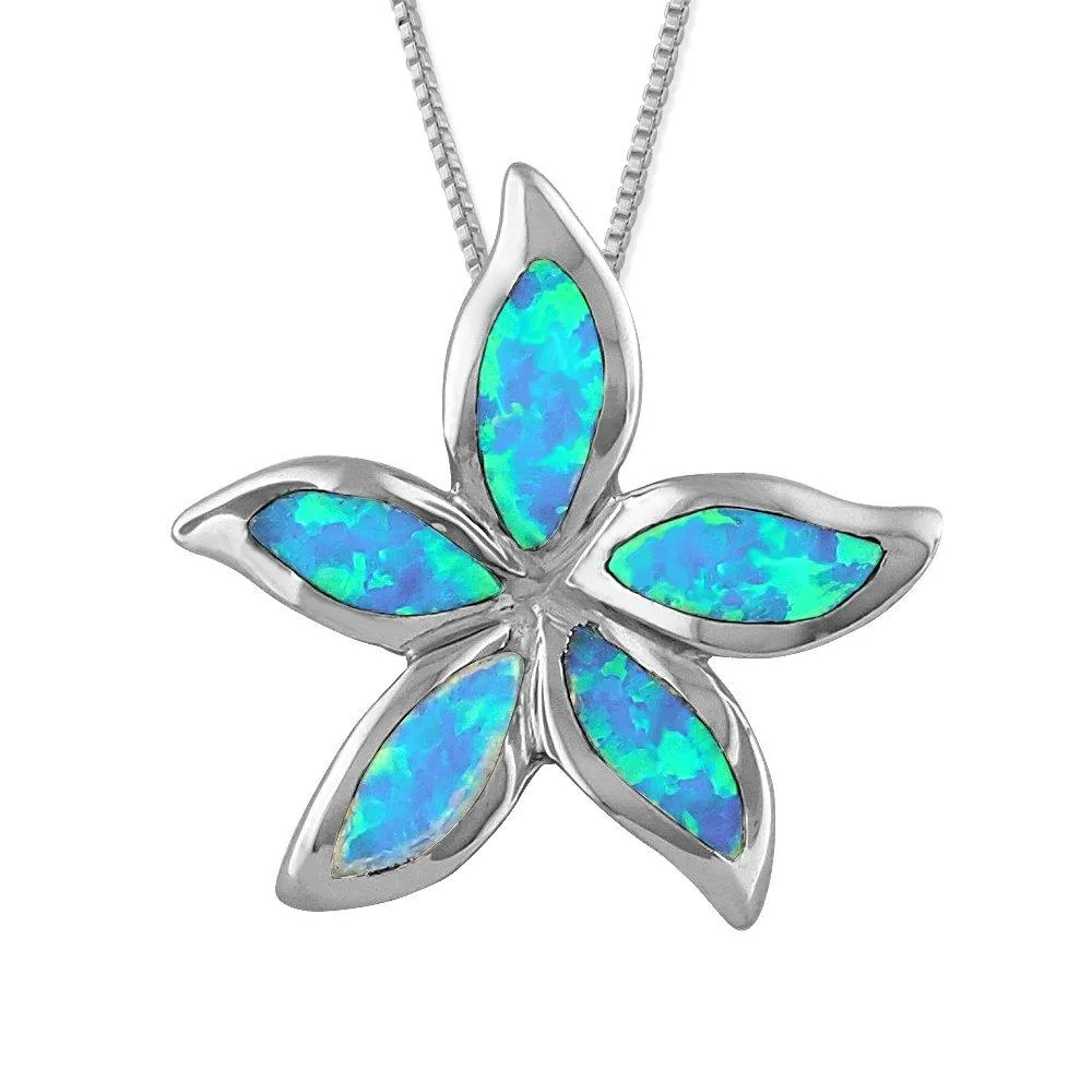 Sterling Silver Synthetic Blue Opal Starfish/Plumeria Pendant Necklace, 16 2" Extender