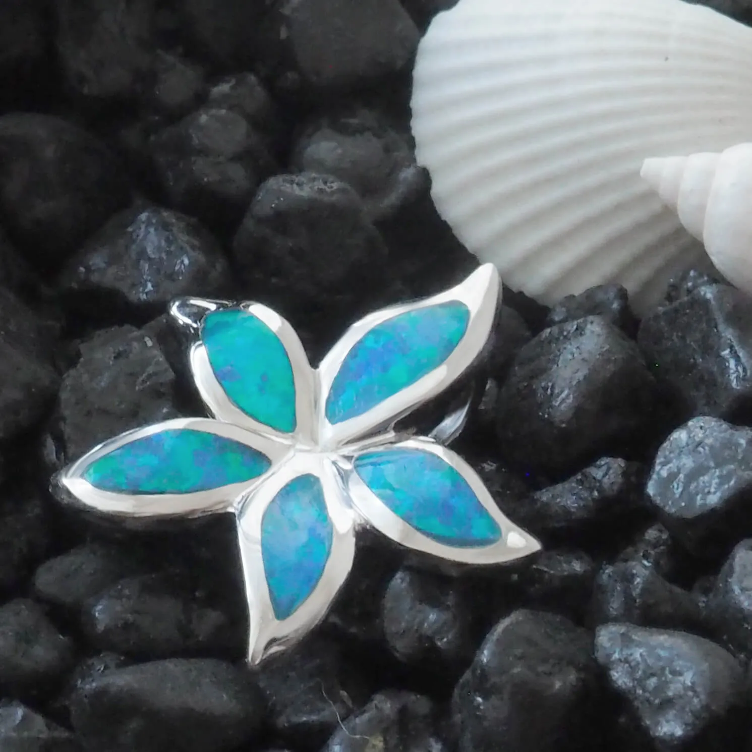 Sterling Silver Synthetic Blue Opal Starfish/Plumeria Pendant Necklace, 16 2" Extender