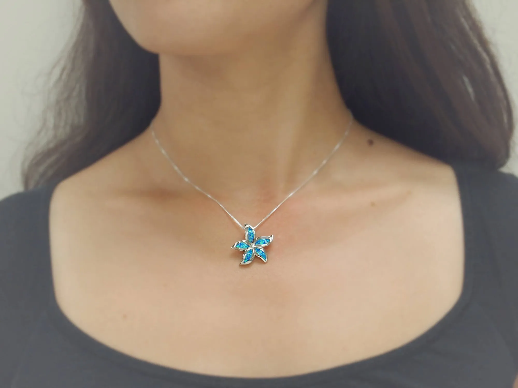 Sterling Silver Synthetic Blue Opal Starfish/Plumeria Pendant Necklace, 16 2" Extender