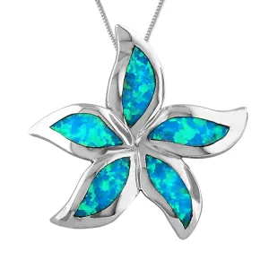 Sterling Silver Synthetic Blue Opal Starfish/Plumeria Pendant Necklace, 16 2" Extender