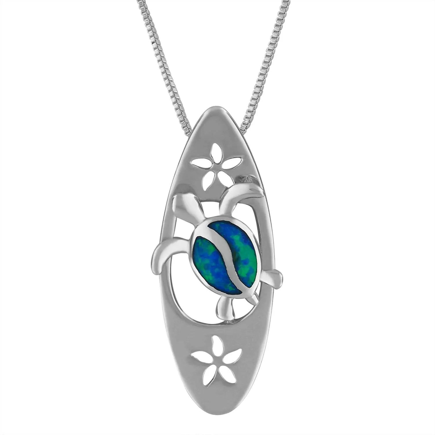 Sterling Silver Synthetic Blue Opal Turtle Surfboard Pendant Necklace, 16 2" Extender