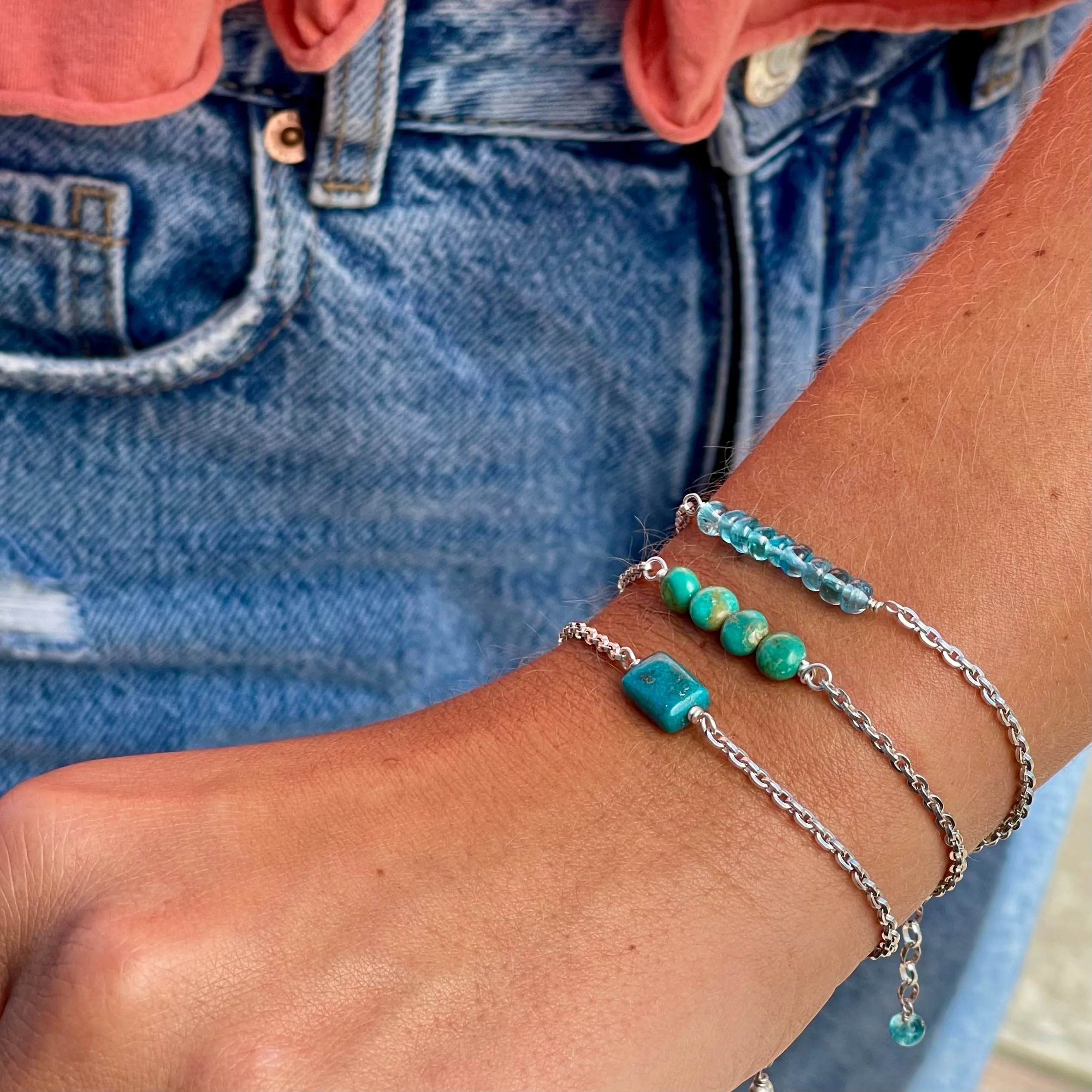 Sterling Silver Turquoise, Citrine, Pink Tourmaline, Lapis, Aquamarine Bracelet or Necklace