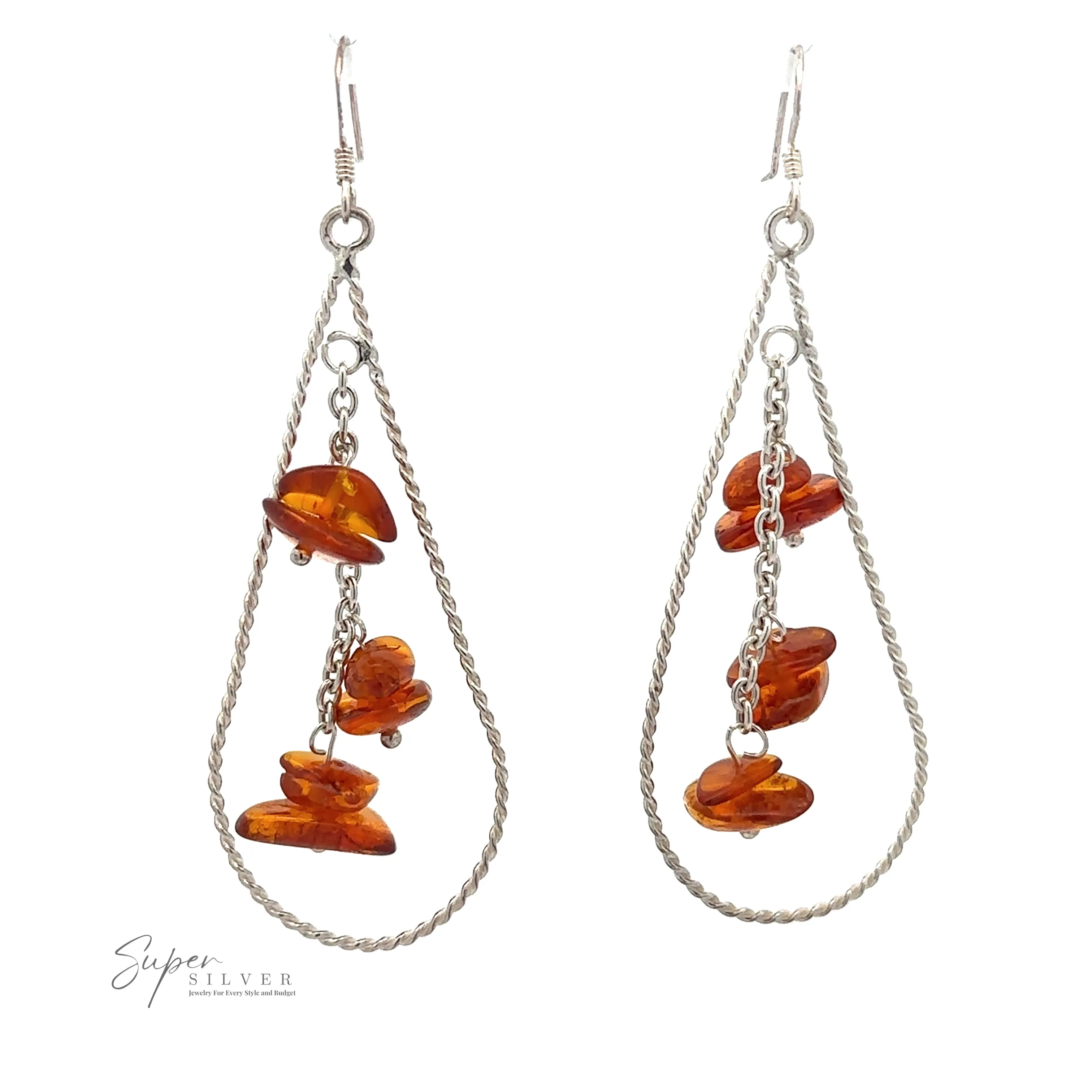 Teardrop Shaped Dangle Earrings with Amber